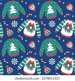 Ugly Christmas sweater and knit hat, funny christmas clothes. Seamless pattern. Vector.