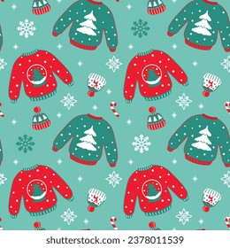 Ugly Christmas sweater and knit hat, funny christmas clothes. Seamless pattern. Vector.
