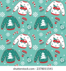 Ugly Christmas sweater and knit hat, funny christmas clothes. Seamless pattern. Vector.