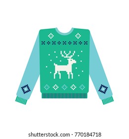 Ugly christmas sweater with knitted deer and snow pattern. Vector