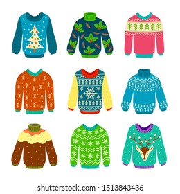 Ugly christmas sweater. Knitted jumpers with winter patterns, snowflakes and deer. Xmas funny cozy clothes. Isolated vector design various flat element set