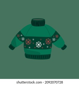 Ugly christmas sweater. Knitted jumpers with winter patterns, snowflakes and deer.