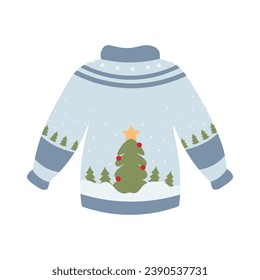 Ugly Christmas sweater. Knitted winter jumper with New Year's ornaments and decorations. Festive design for invitation, banner, greeting cards, posters