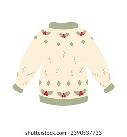 Ugly Christmas sweater. Knitted winter jumper with New Year's ornaments and decorations. Festive design for invitation, banner, greeting cards, posters