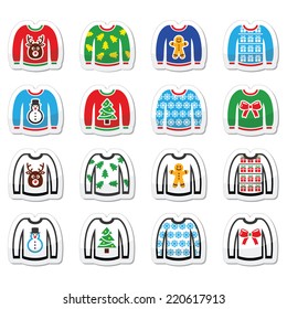 Ugly Christmas sweater on jumper icons set 