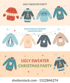 Ugly Christmas sweater party banner set with different colorful holiday jumpers with deer, Santa, snowman and others. Flat cartoon invitation template - vector illustration