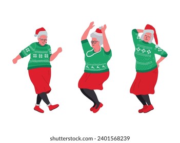 Ugly Christmas Sweater Party. Dancing senior women in green ugly sweaters. Cheerful seniors. Old women have fun and dance. Elderly people. Vector