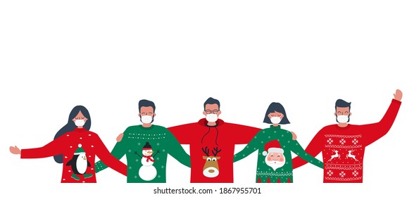 Ugly Christmas Sweater party during the coronavirus epidemic. Young people in red and green Christmas sweaters with deer, snowman, penguin. Best friends are stand together and hug. Vector illustration