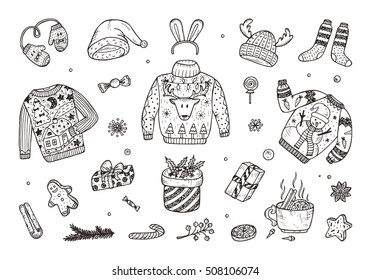 Ugly Christmas Sweater Party. Hand Drawn Doodle Holiday set: Christmas festive knitted clothes, gifts boxes, sweets, gingerbread cookies, mulled wine, spice. Vector Xmas Invitation Card Template