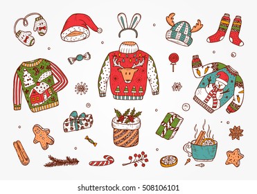 Ugly Christmas Sweater Party. Hand Drawn Doodle Holiday set: Christmas festive knitted clothes, gifts boxes, sweets, gingerbread cookies, mulled wine, spice. Vector Xmas Invitation Card Template