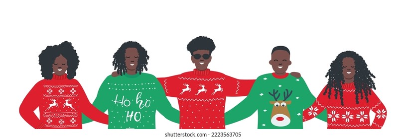 Ugly Christmas Sweater Party. Happy young black people in red and green Christmas sweaters. Best friends are stand together and hug. Vector holiday illustration.