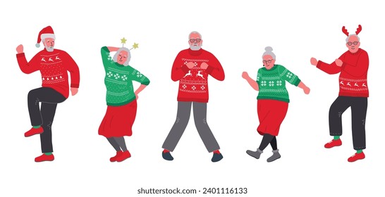 Ugly Christmas Sweater Party. Happy senior people in red and green Christmas sweaters are dancing. Holiday vector illustration
