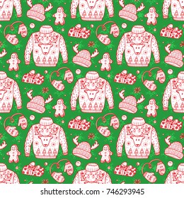 Ugly Christmas Sweater Party Holiday background. Vector Xmas Seamless pattern. Hand Drawn Doodle Christmas festive knitted clothes, gift boxes, sweets, gingerbread cookies. 