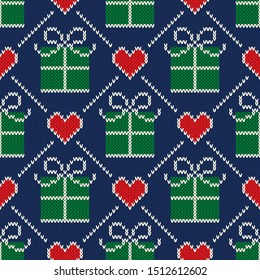 Ugly Christmas Sweater Party Pattern Design. Winter Holiday Seamless Wool Knit Texture Background With Gift Boxes And Hearts Ornament