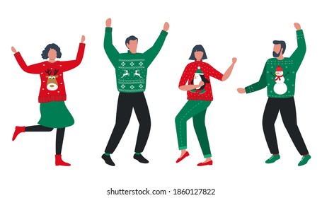 Ugly Christmas Sweater Party. People in red and green Christmas sweaters with deer, snowman, penguin are dance. Vector illustration