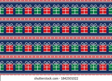 Ugly Christmas Sweater Party Pixel  Pattern Design. Gift Boxes Seamless Ornament