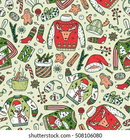 Ugly Christmas Sweater Party. Vector Xmas Seamless pattern. Hand Drawn Doodle Christmas festive knitted clothes, gifts boxes, sweets, gingerbread cookies, mulled wine, spice. Holiday background 
