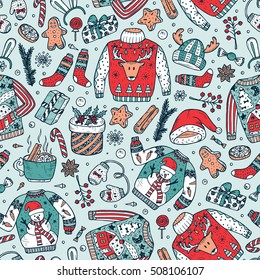 Ugly Christmas Sweater Party. Vector Xmas Seamless pattern. Hand Drawn Doodle Christmas festive knitted clothes, gifts boxes, sweets, gingerbread cookies, mulled wine, spice. Holiday background 
