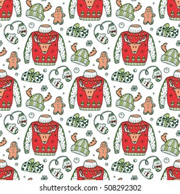 Ugly Christmas Sweater Party. Vector Xmas Seamless pattern. Hand Drawn Doodle Christmas festive knitted clothes, gift boxes, sweets, gingerbread cookies. Holiday background 