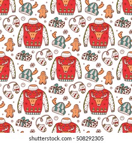 Ugly Christmas Sweater Party. Vector Xmas Seamless pattern. Hand Drawn Doodle Christmas festive knitted clothes, gift boxes, sweets, gingerbread cookies. Holiday background 