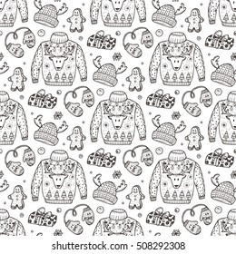 Ugly Christmas Sweater Party. Vector Xmas Seamless pattern. Hand Drawn Doodle Christmas festive knitted clothes, gift boxes, sweets, gingerbread cookies. Holiday background 