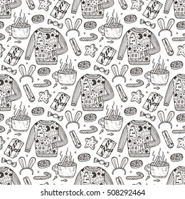 Ugly Christmas Sweater Party. Vector Xmas Seamless pattern. Hand Drawn Doodle Christmas festive knitted clothes, gift boxes, sweets, gingerbread cookies, mulled wine, spice. Holiday background 