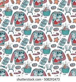 Ugly Christmas Sweater Party. Vector Xmas Seamless pattern. Hand Drawn Doodle Christmas festive knitted clothes, gift boxes, sweets, gingerbread cookies, mulled wine, spice. Holiday background 