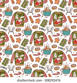 Ugly Christmas Sweater Party. Vector Xmas Seamless pattern. Hand Drawn Doodle Christmas festive knitted clothes, gift boxes, sweets, gingerbread cookies, mulled wine, spice. Holiday background 