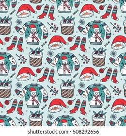 Ugly Christmas Sweater Party. Vector Xmas Seamless pattern. Hand Drawn Doodle Christmas festive knitted clothes, gift boxes, sweets. Holiday background 