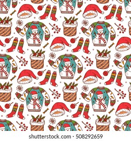 Ugly Christmas Sweater Party. Vector Xmas Seamless pattern. Hand Drawn Doodle Christmas festive knitted clothes, gift boxes, sweets. Holiday background 