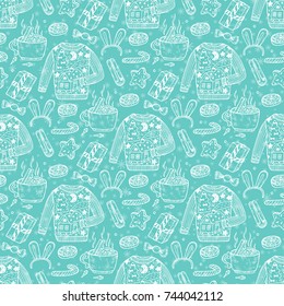 Ugly Christmas Sweater Party. Vector Xmas Seamless pattern. Hand Drawn Doodle Christmas festive knitted clothes, gift boxes, sweets, gingerbread cookies, mulled wine, spice. Holiday background