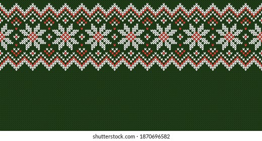 Ugly Christmas Sweater Party. Wide background. Knitwear texture. Template with empty place for text. Seamless pattern with snowflakes for holiday design. Winter knitted wool vector illustration.