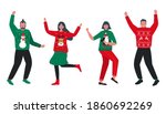 Ugly Christmas Sweater Party. Young people in red and green Christmas sweaters with deer, snowman, penguin are dance. Vector illustration.