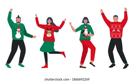 Ugly Christmas Sweater Party. Young People In Red And Green Christmas Sweaters With Deer, Snowman, Penguin Are Dance. Vector Illustration.