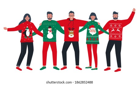 Ugly Christmas Sweater Party. Young people in red and green Christmas sweaters with deer, snowman, penguin. Best friends stand together and hug. Vector illustration.