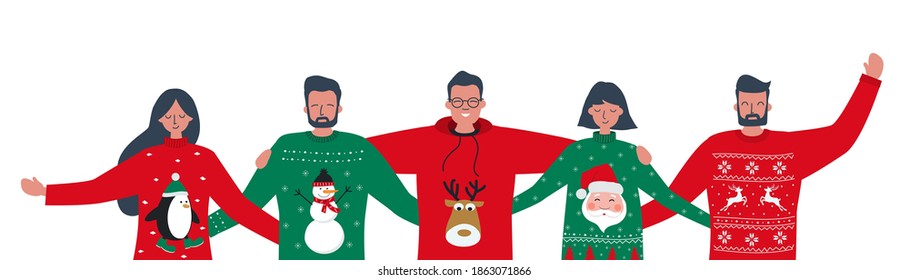 Ugly Christmas Sweater Party. Young people in red and green Christmas sweaters with deer, snowman, penguin. Best friends are stand together and hug. Vector illustration