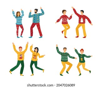 Ugly Christmas Sweater Party. Young men and women family dance. Vector illustration