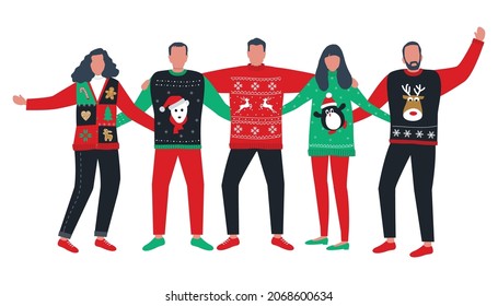 Ugly Christmas Sweater Party. Young people in red and green Christmas sweaters with deer, bear, penguin. Best friends stand together and hug. Vector illustration.