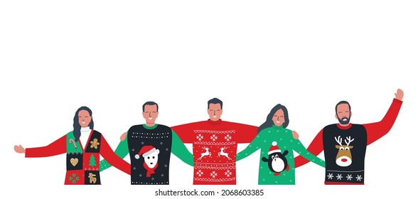 Ugly Christmas Sweater Party. Young people in red and green Christmas sweaters with deer, bear, penguin. Best friends are stand together and hug. Vector illustration