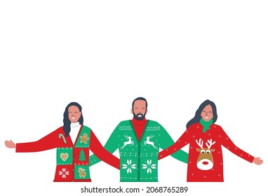 Ugly Christmas Sweater Party. Young man and women in red and green Christmas sweaters. Best friends are stand together and hug. Vector illustration