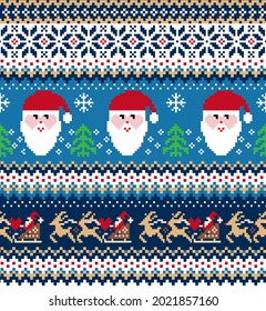 Ugly Christmas Sweater pattern for decorations, backgrounds, winter greeting cards, featuring Santa and reindeers 