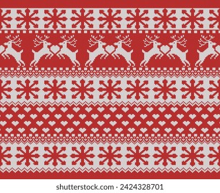 Ugly Christmas Sweater pattern for lover. Deer couple holding a Big Heart. Vector illustration.