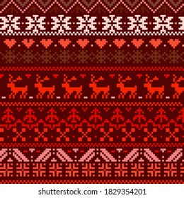 Ugly Christmas Sweater Reindeer pattern with Nordic ornaments. Red-brown version.