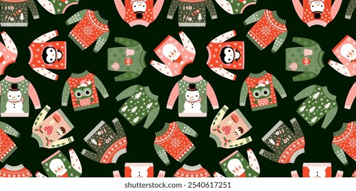 Camisola de Natal feia padrão de vetor sem emenda com salto agudo bonito ilustração com boneco de neve e Papai Noel no fundo escuro