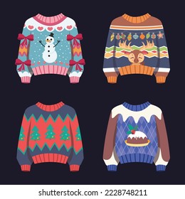 Ugly Christmas sweater set with colorful patterns