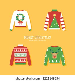 Ugly Christmas sweater set flat vector illustration/ greeting card