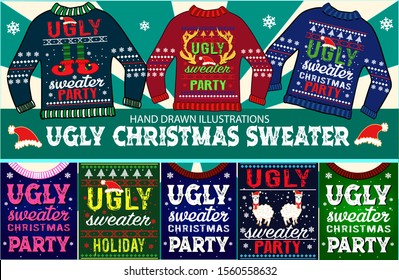 Ugly Christmas Sweater Set And New Year Greeting Card