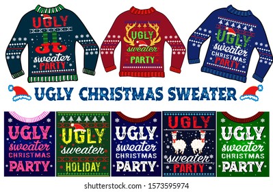 ugly christmas sweater set and new year greeting card