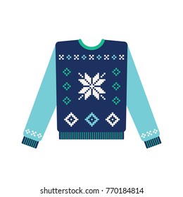 Ugly christmas sweater with snowflake and winter star pattern. Vector