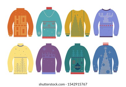 Ugly christmas sweater. Traditional xmas jumpers with various cute nordic winter ornaments. Holiday colorful clothes vector set